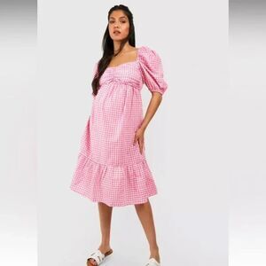 Boohoo Maternity Dress Womens Sz 12 Gingham Daisy Embroidered Spring Easter New